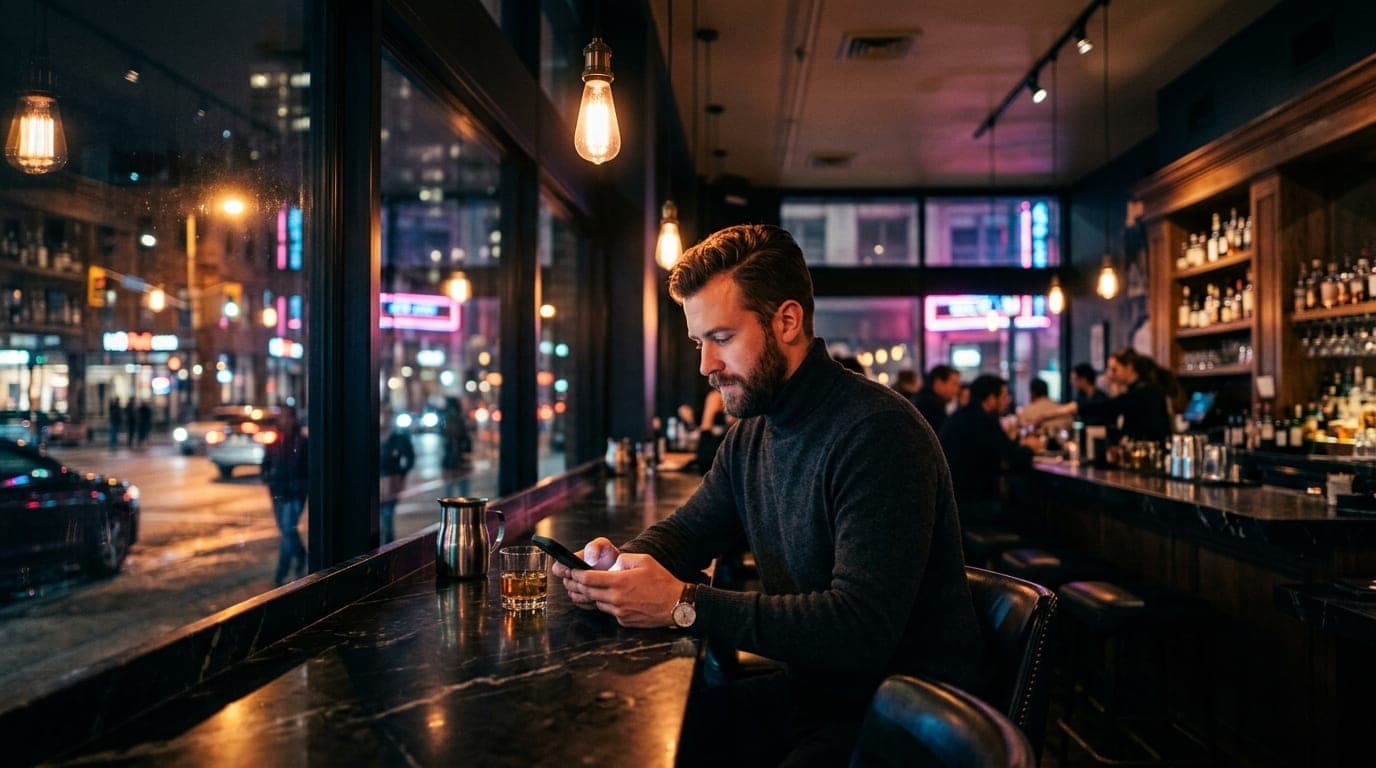 A man in a charcoal turtleneck sits at a dim, marble-topped bar inside The Treasury, illuminated by warm pendant lights, s...
