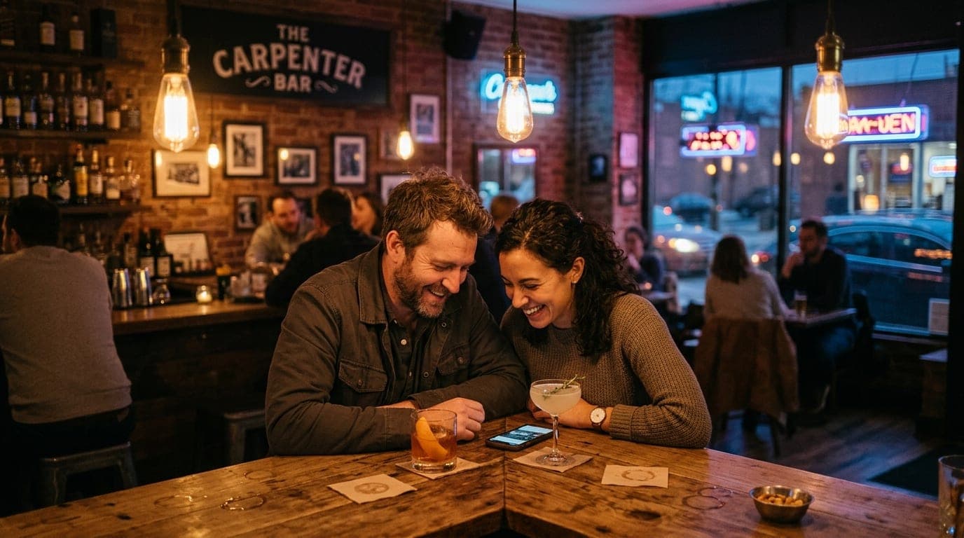 A 35mm documentary shot shows a couple laughing at a corner table in The Carpenter Bar, the warm glow of hanging Edison bu...