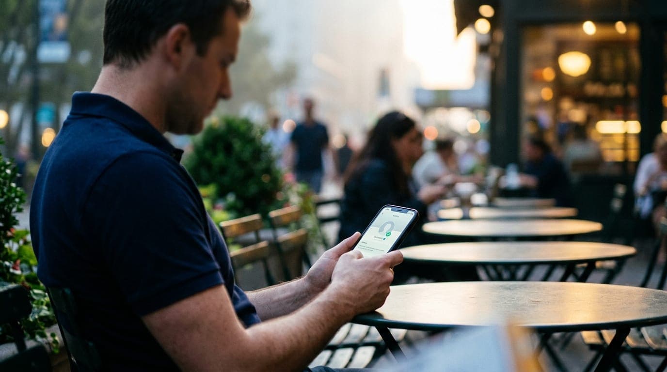 A blurred 85mm portrait of a man in a navy polo sitting at a Howard Park bistro table, focused on an open smartphone scree...