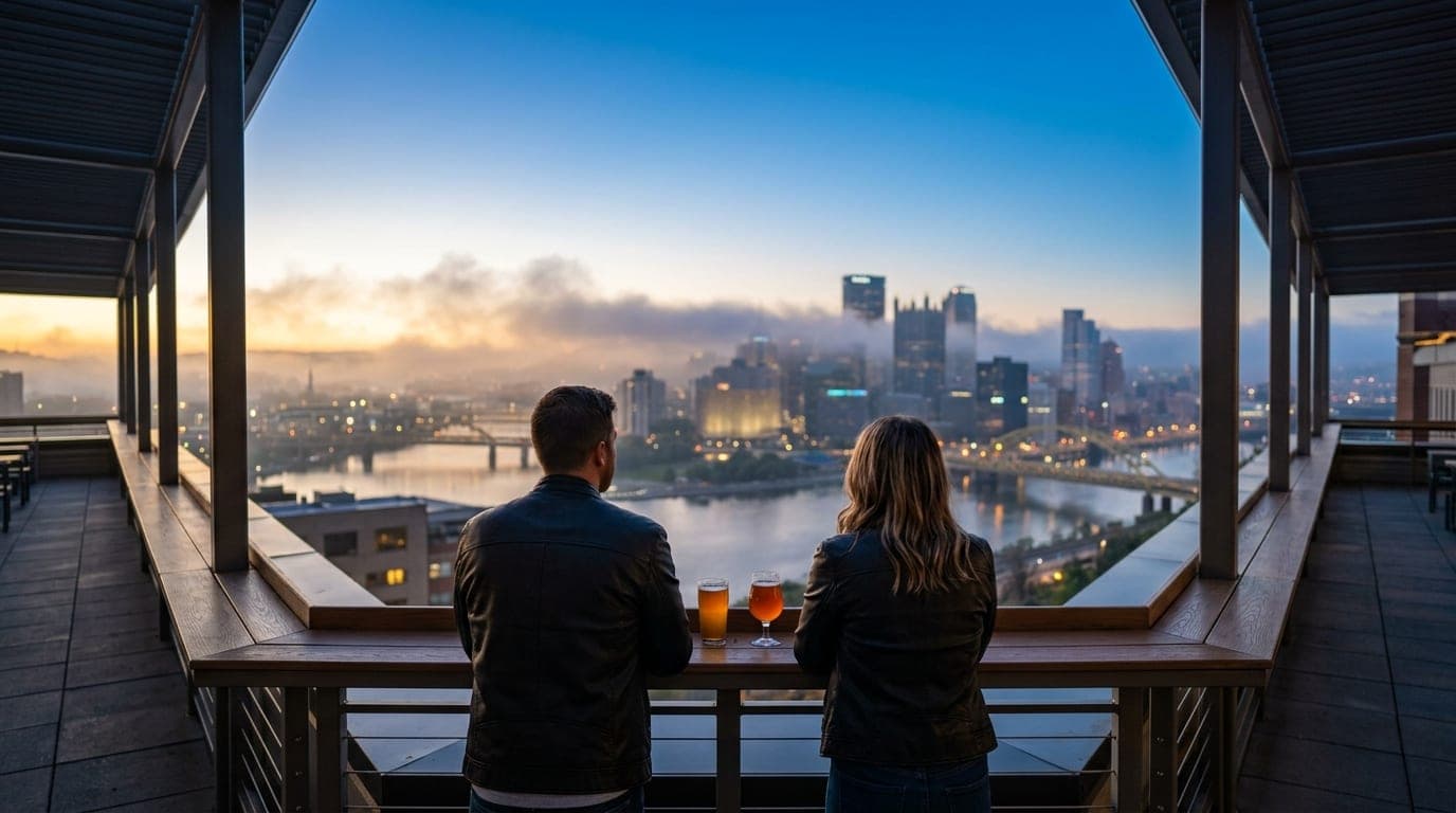 A 24mm wide-angle, symmetric blue hour shot. A couple in leather jackets stands on the Crooked Ewe patio overlooking the r...