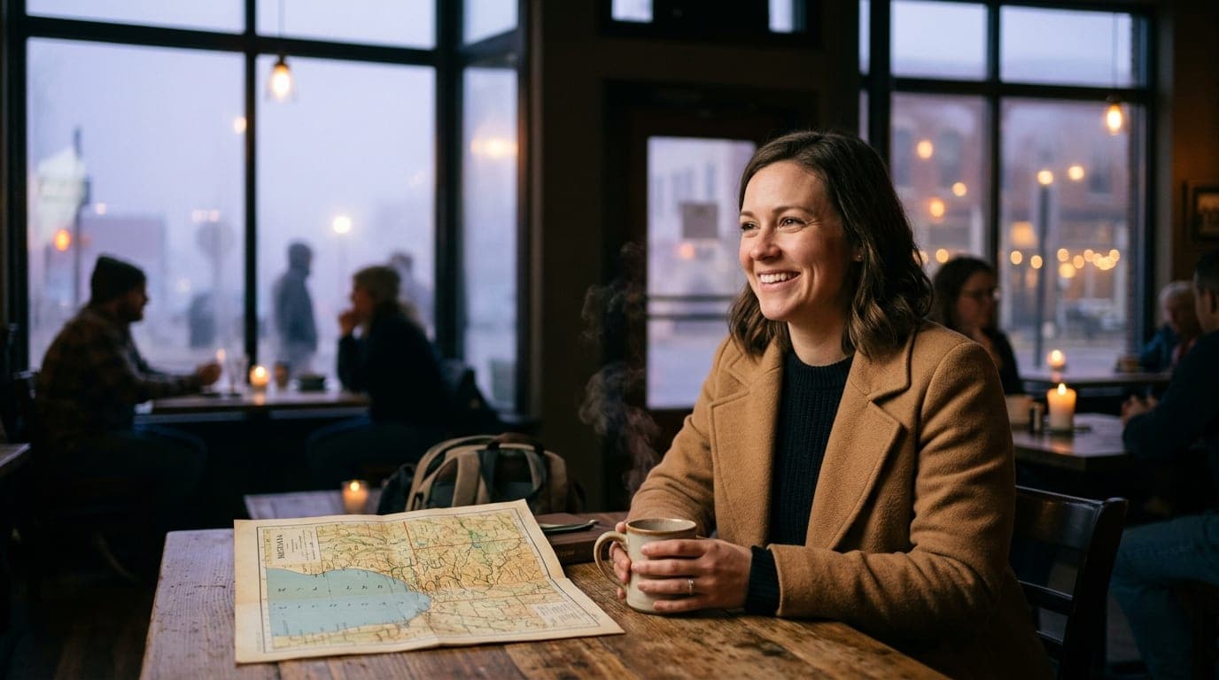 A woman wearing a tan wool coat sits at a wooden table in a bustling cafe, smiling as she holds a steaming ceramic mug. A...