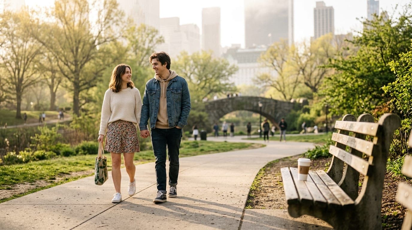 A couple in casual spring attire strolls along a sun-drenched Howard Park concrete path. A takeaway paper coffee cup sits...
