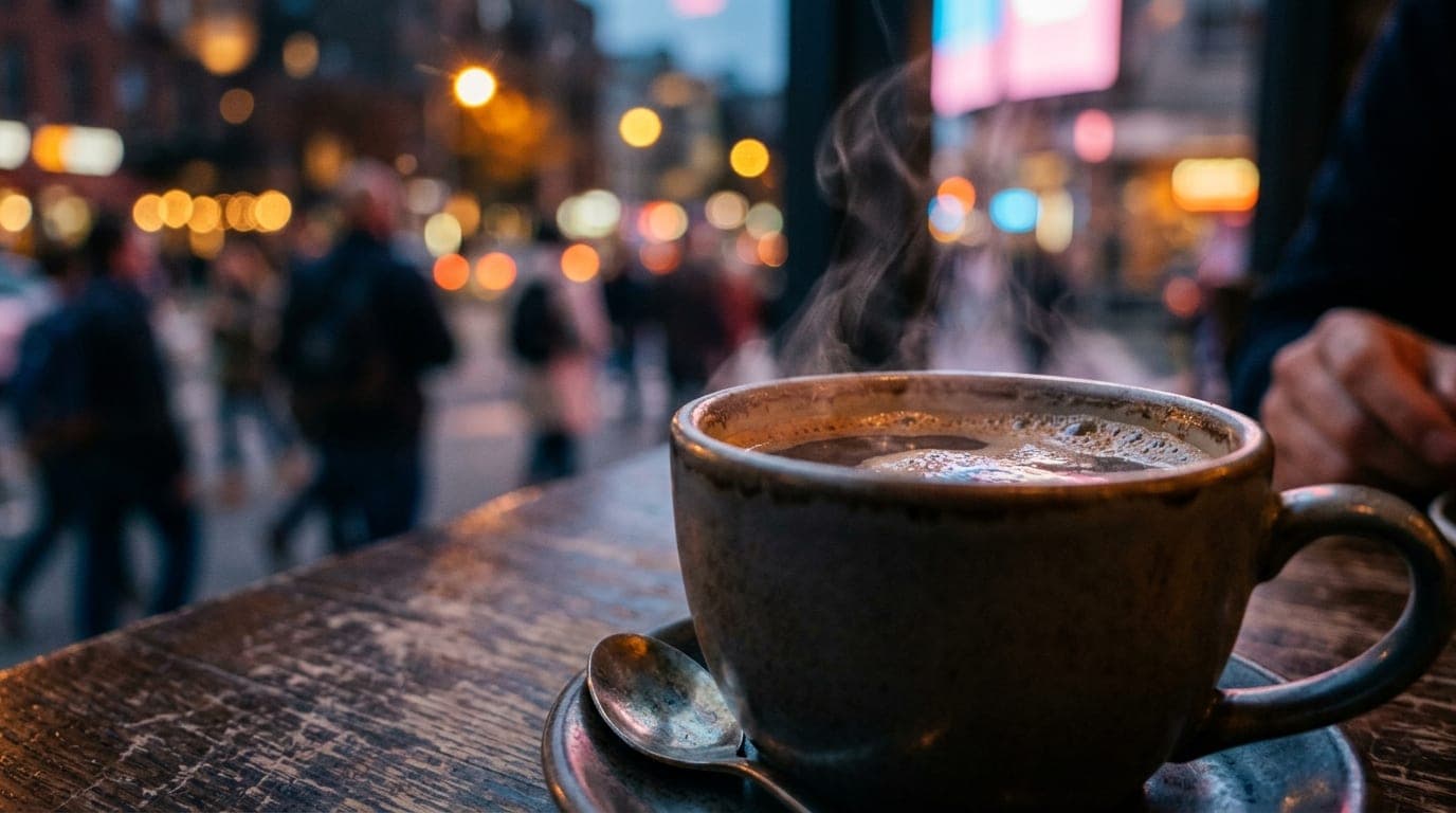 A close-up, 100mm macro shot of a steaming ceramic mug from Zen Cafe resting on a weathered bistro table, bathed in crisp,...