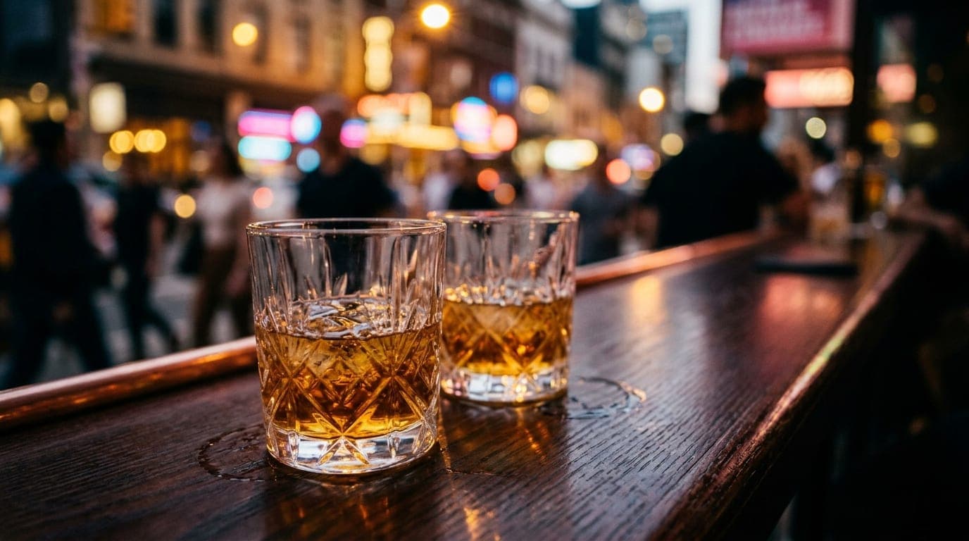 A tilt-shift, selective focus shot of two crystal whiskey tumblers on a dark mahogany bar at The Exchange. Golden light ca...