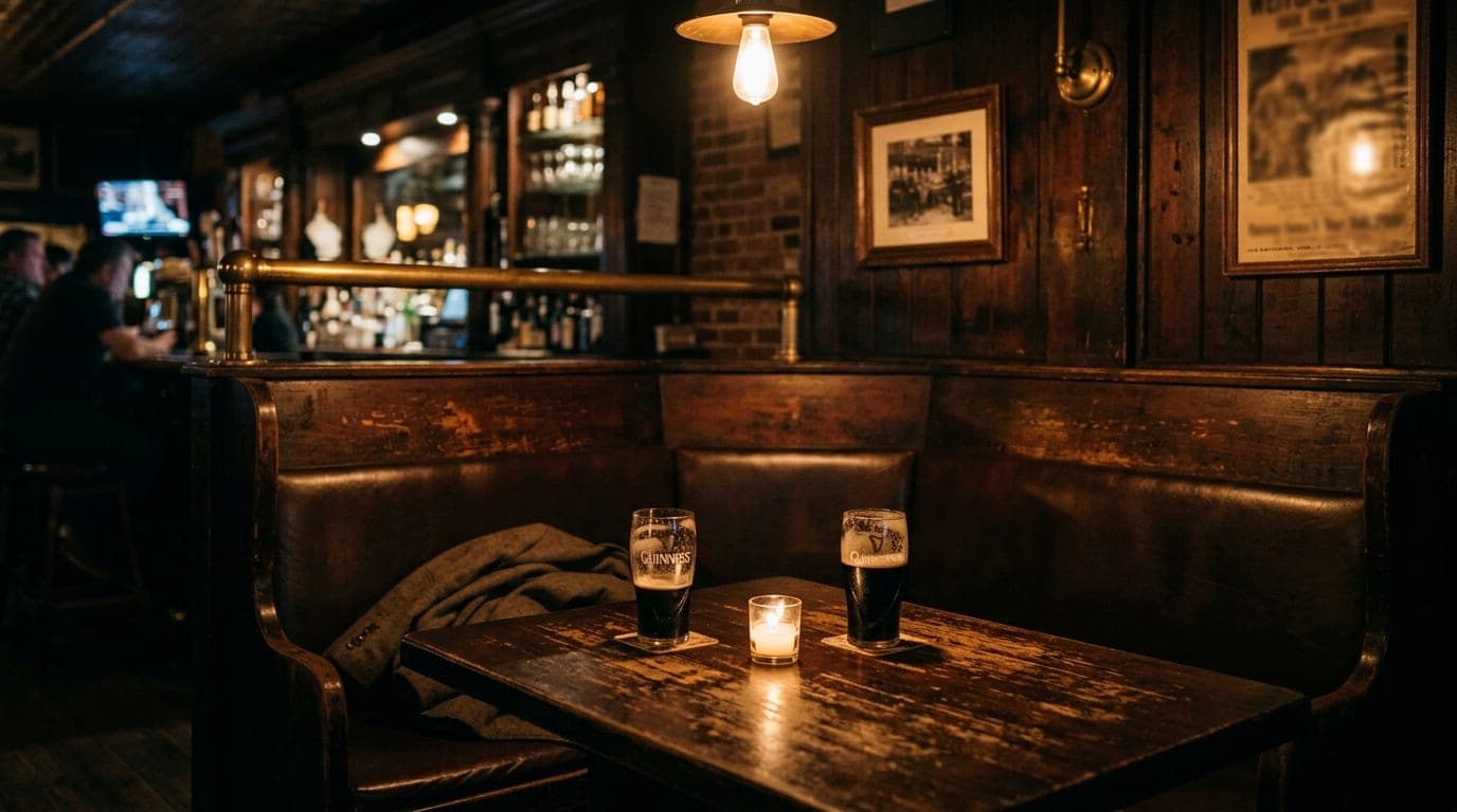 A wide 50mm shot of a dark corner booth at Fiddler's Hearth. Two half-empty pints of stout sit on the scarred wood table,...
