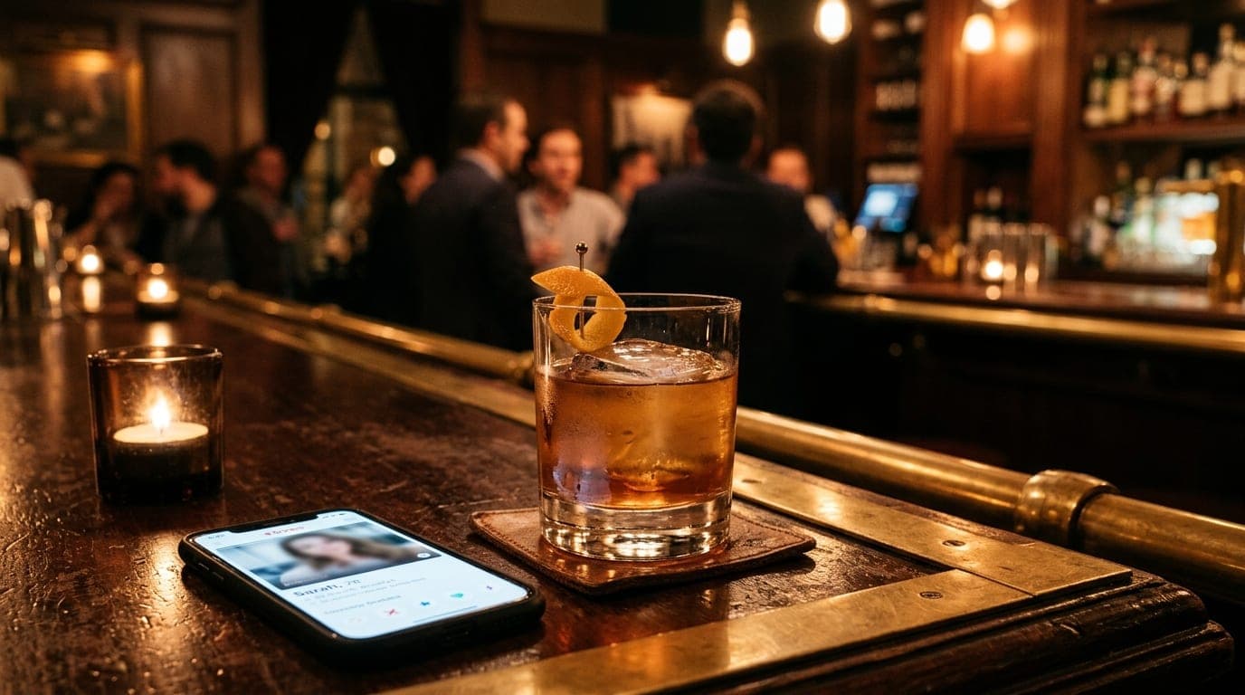A macro shot of a single craft cocktail in a branded glass at LaSalle Kitchen & Tavern, resting on a dark wood bar top bes...