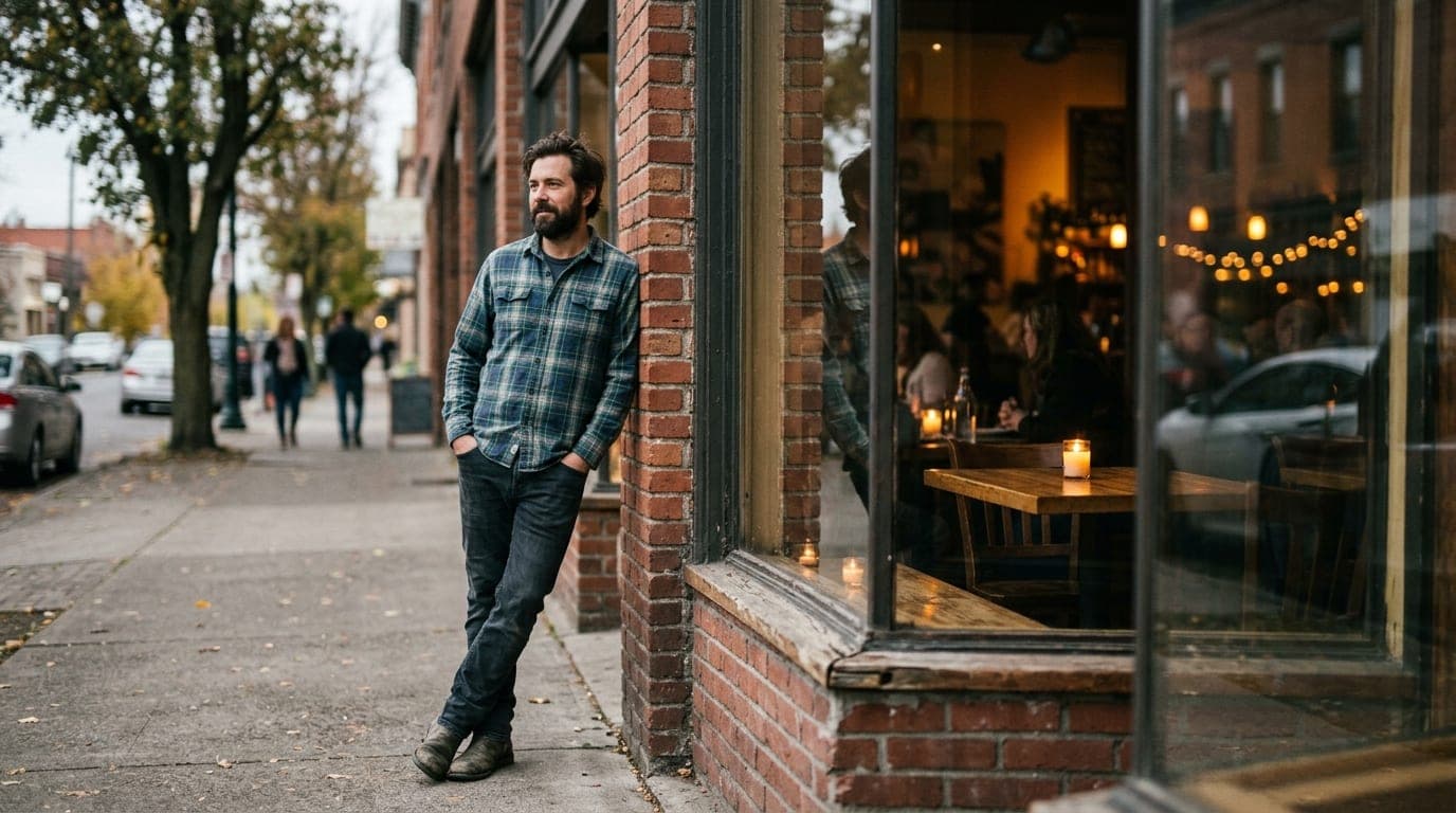 A man in a flannel shirt leans against a brick storefront in Browne’s Addition. Through the window, warm candlelight glows...