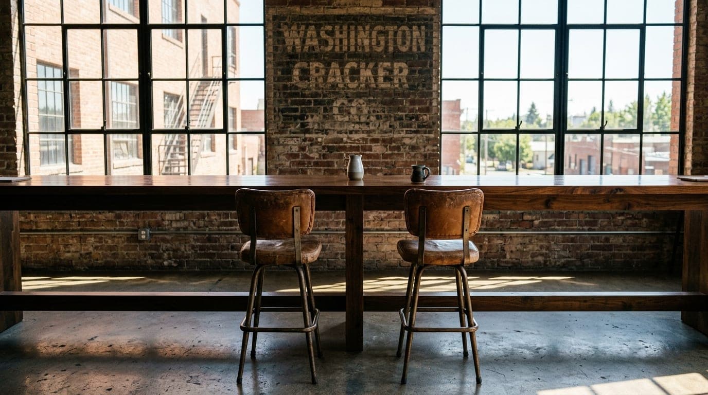 Noon sunlight streams through the industrial factory windows of the Washington Cracker Co. building, illuminating two empt...
