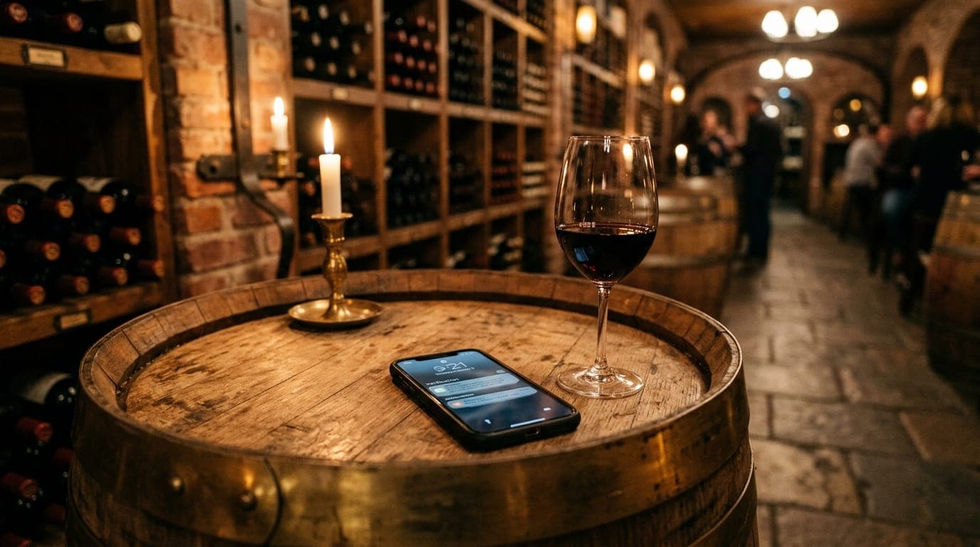A low-angle, tilt-shift shot inside a dim Springfield wine cellar. A verified user's smartphone sits beside a single glass...