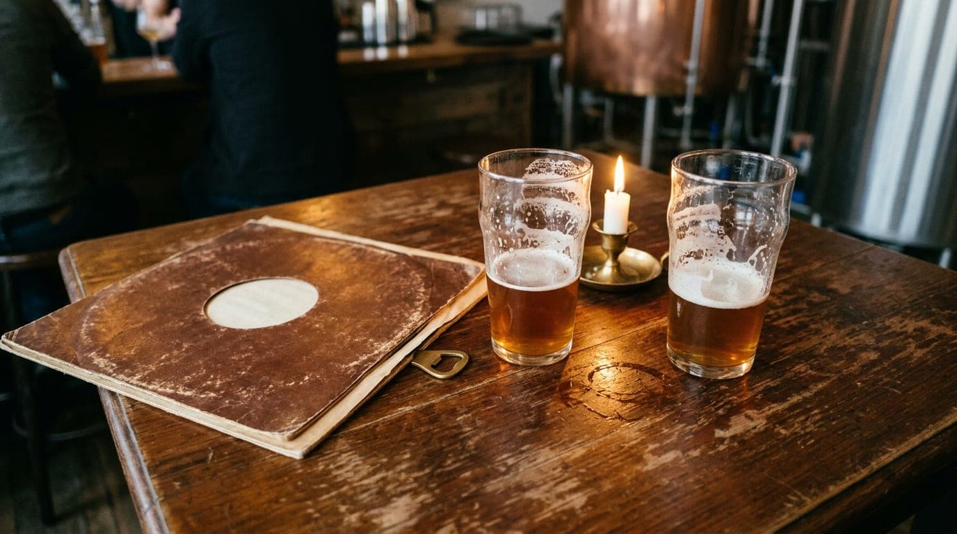 A 35mm documentary shot, rule-of-thirds with subject offset right. On a worn wooden microbrewery table, two half-empty pin...