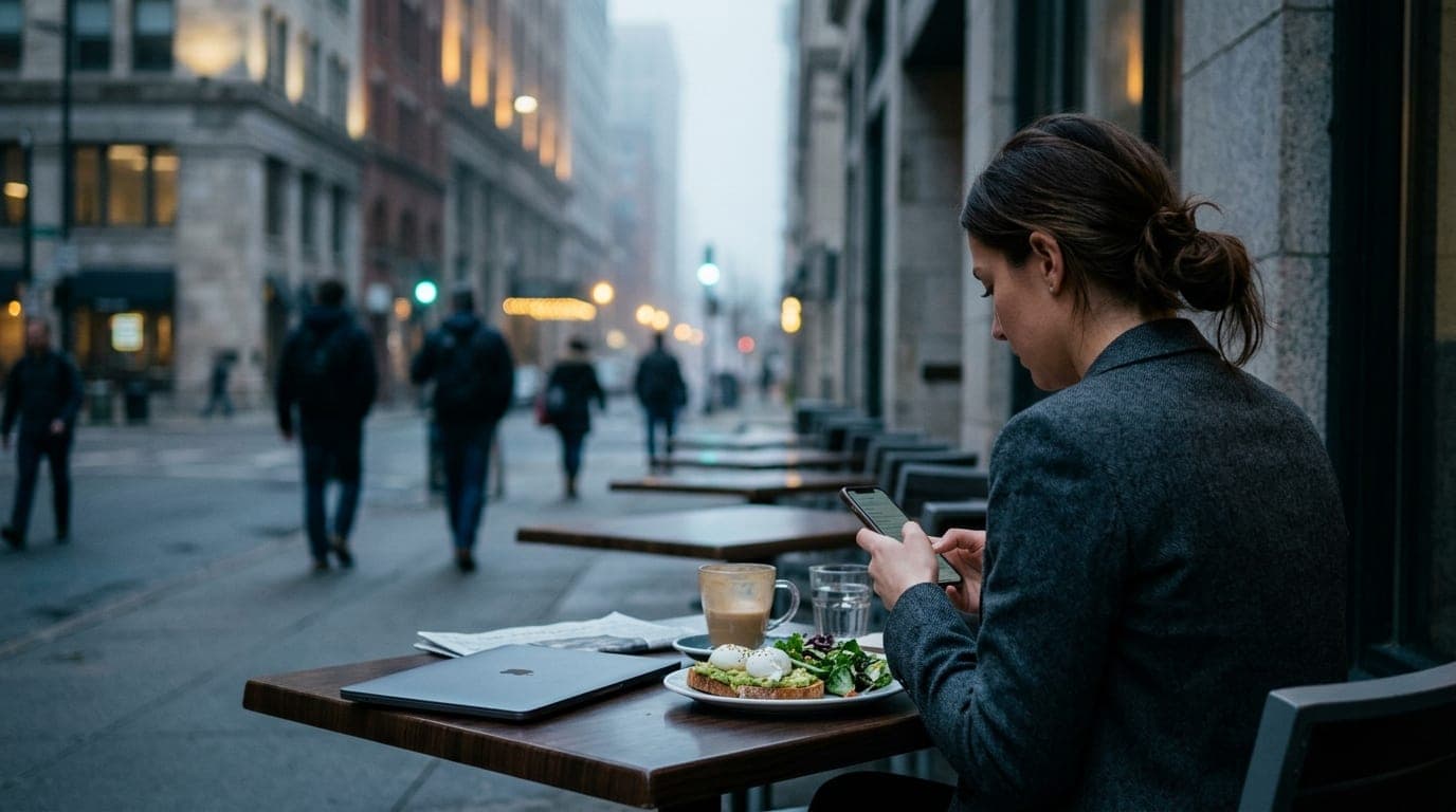 A woman in a sharp charcoal blazer sits at a sidewalk table outside a downtown café, checking her phone. Blue hour light i...