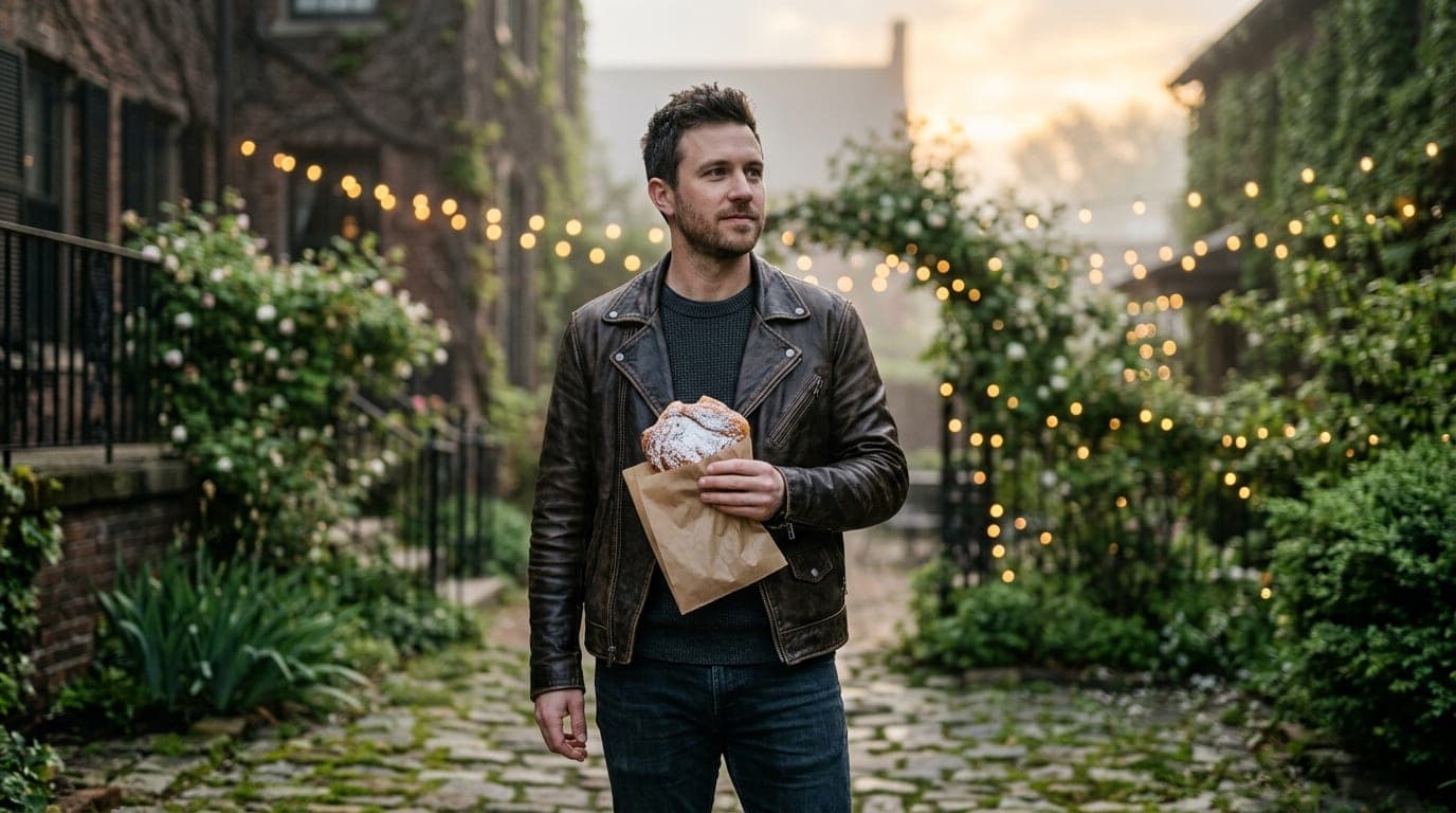 A low-angle, 85mm portrait captures a leather-jacketed man holding a signature pastry from Incredibly Delicious. He stands...
