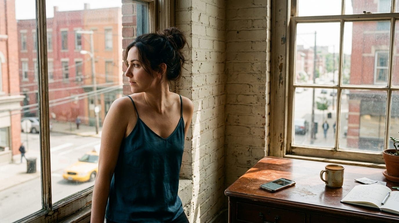 A woman in a silk camisole gazes out a window in a historic downtown Springfield brick loft. A smartphone showing a Feeld...