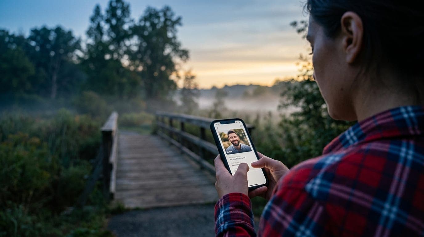 Over-the-shoulder macro, blue hour. A woman in a casual flannel shirt holds a smartphone showing a Hinge profile, framing...