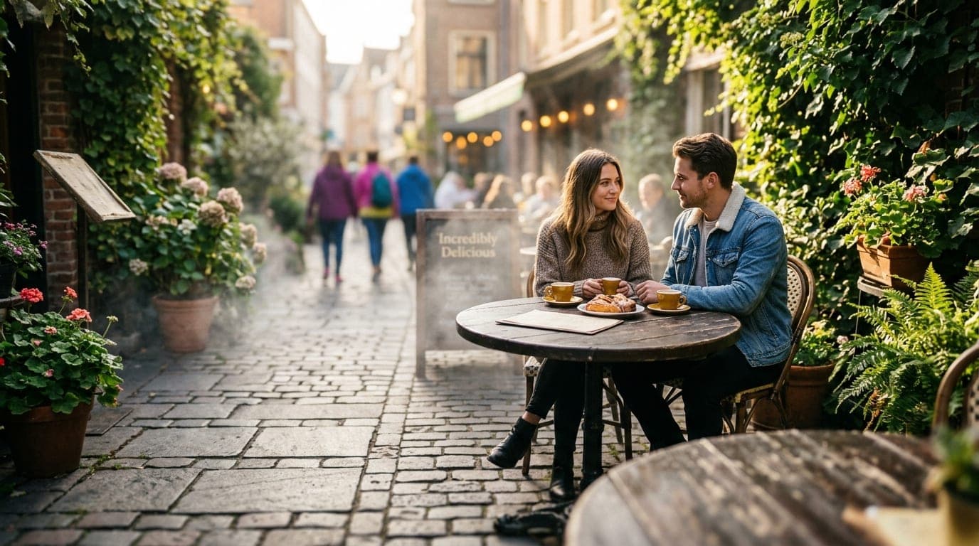 Low-angle shot, tilt-shift focus. A couple sits at an outdoor table at Incredibly Delicious, golden espresso cups resting...