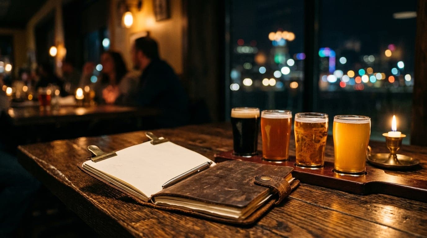 A macro 50mm shot of a leather-bound notebook and a locally-brewed craft beer flight sitting on a dark oak table at a tave...
