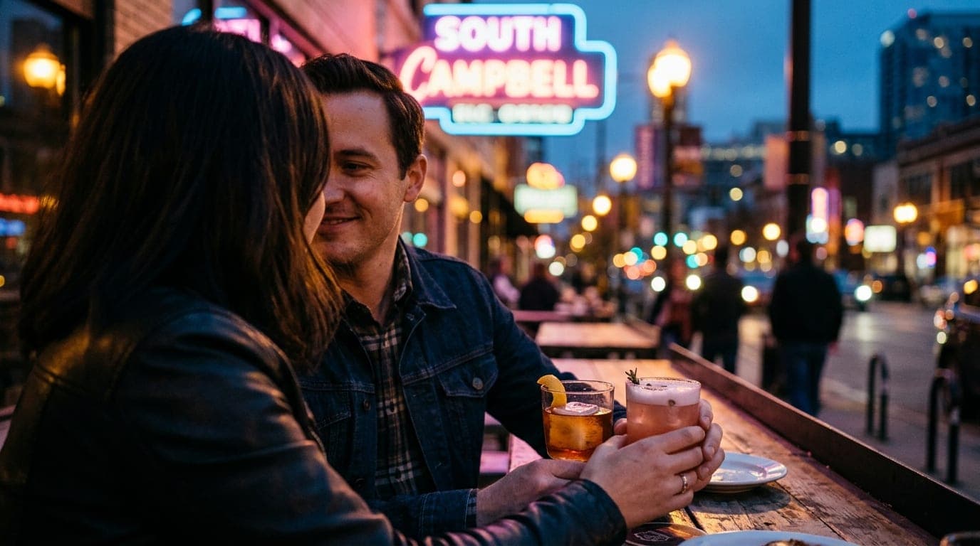 A couple sits close at a dimly lit South Campbell patio table, illuminated by a blurred neon sign. They hold craft cocktai...