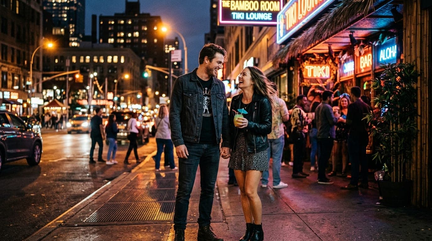 A low-angle hero shot captures a couple standing near a vibrant, tropical-themed tiki bar counter. Deep shadows and ambien...