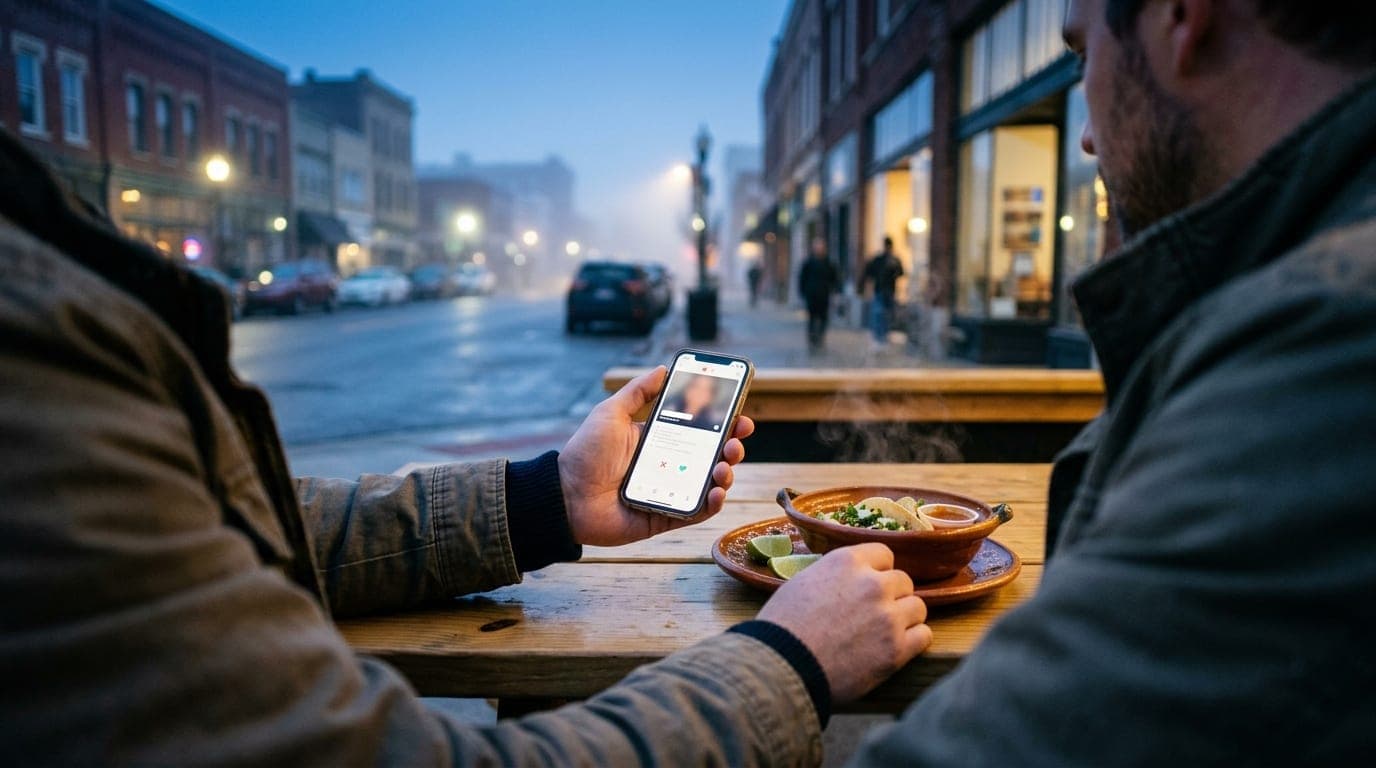 Over-the-shoulder view of a man holding a smartphone displaying a Bumble profile, focusing on a specific taco order at a T...