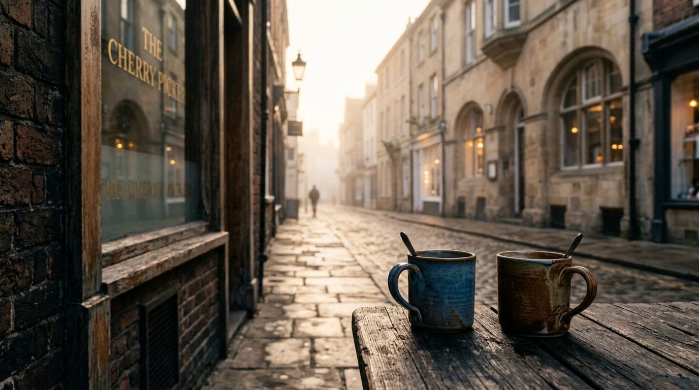 A 35mm documentary low-angle shot. Two vintage ceramic mugs sit on a weathered wooden table at The Cherry Picker, subject...