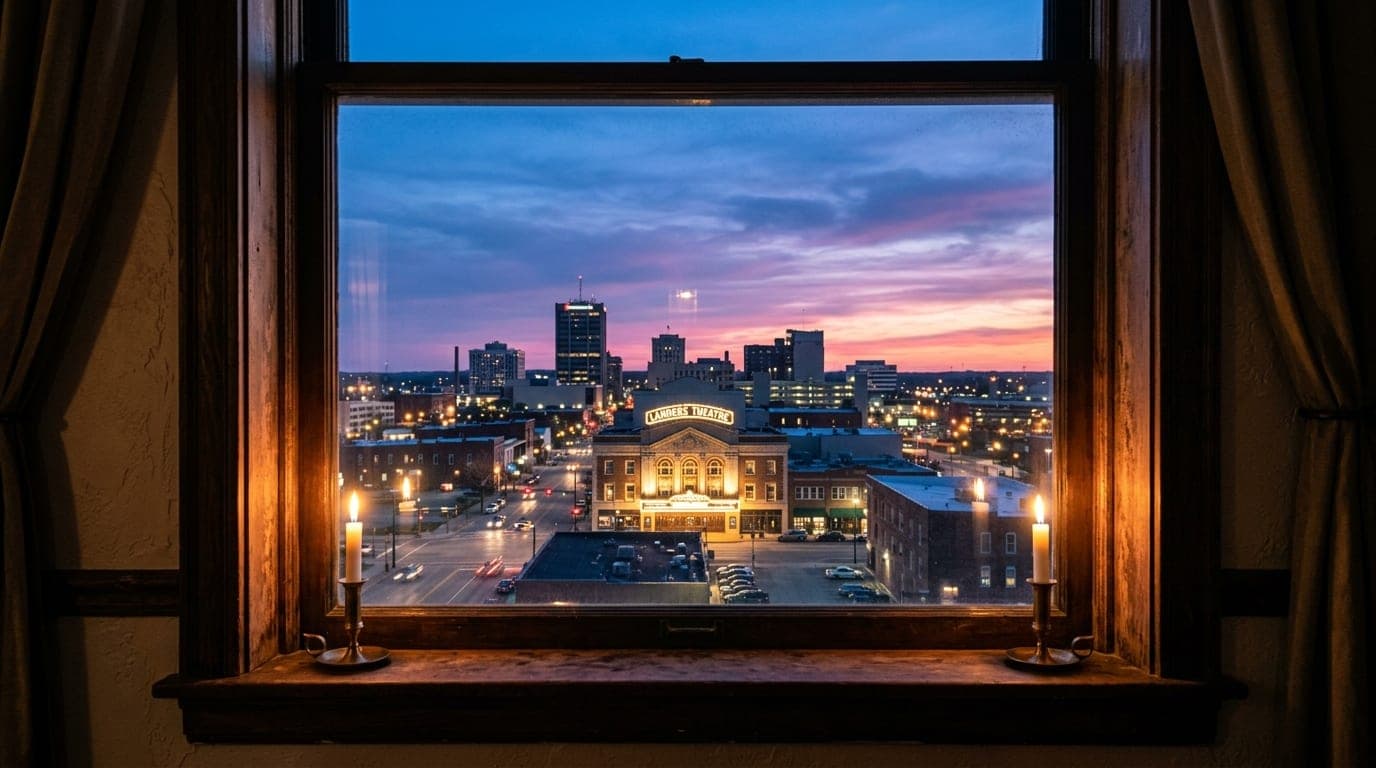 A centered, symmetric 24mm wide-angle shot from a candle-lit interior window looking out onto the Springfield skyline at d...