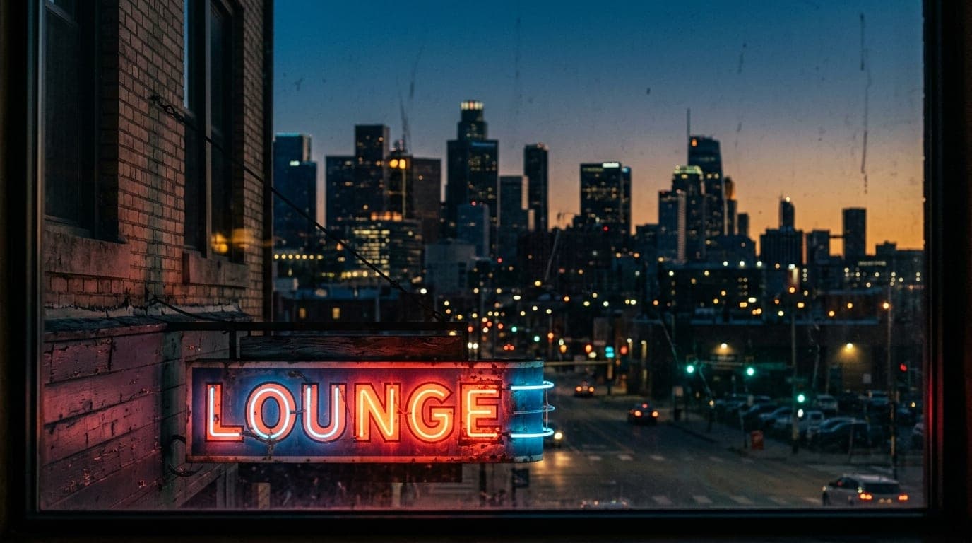 A close-up 50mm shot captures the weathered, neon-lit sign of a downtown lounge flickering through a window. The vibrant,...