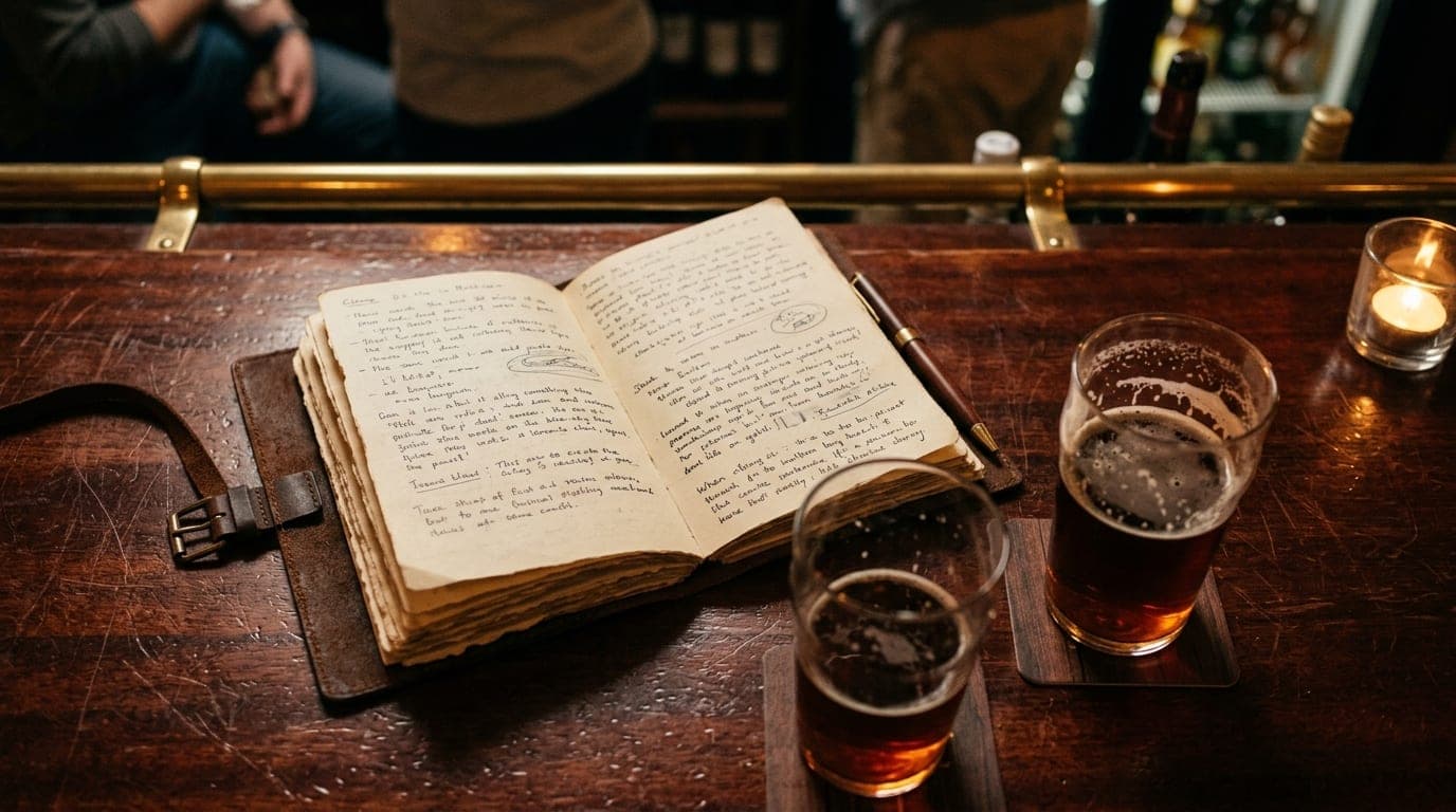 An 85mm portrait shot with shallow depth of field captures an open leather journal on a mahogany bar, displaying a handwri...