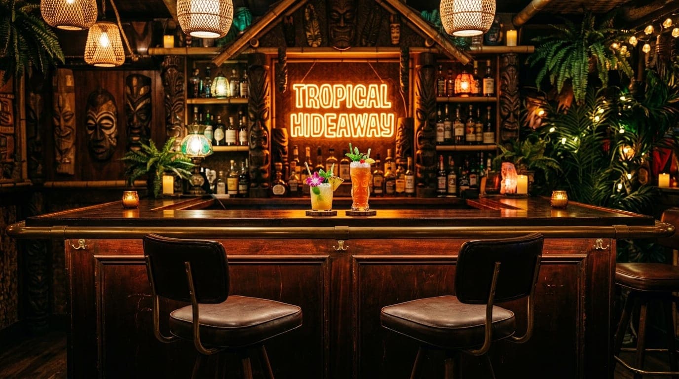 A wide-angle, symmetrical shot of a neon-lit, tropical-themed tiki bar counter in Springfield. Two colorful rum cocktails...