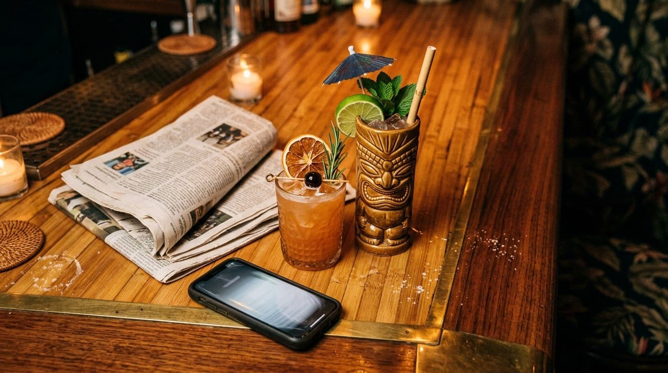 A 100mm macro shot captures two tropical tiki cocktails on a bamboo bar top at Golden Girl Rum Club. Soft morning light il...