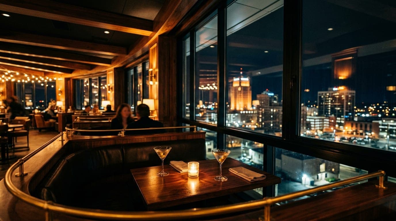 A wide-angle, tilt-shift shot of an intimate corner at Vantage Rooftop Lounge at night. Two half-empty martini glasses sit...