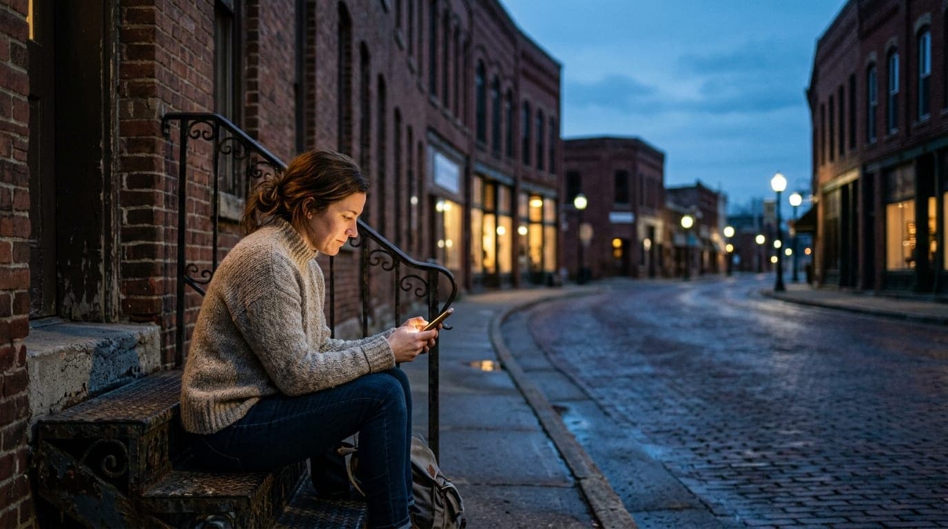 A woman in a thick wool sweater sits on a weathered iron stoop in downtown St. Cloud. Her glowing phone illuminates her fa...