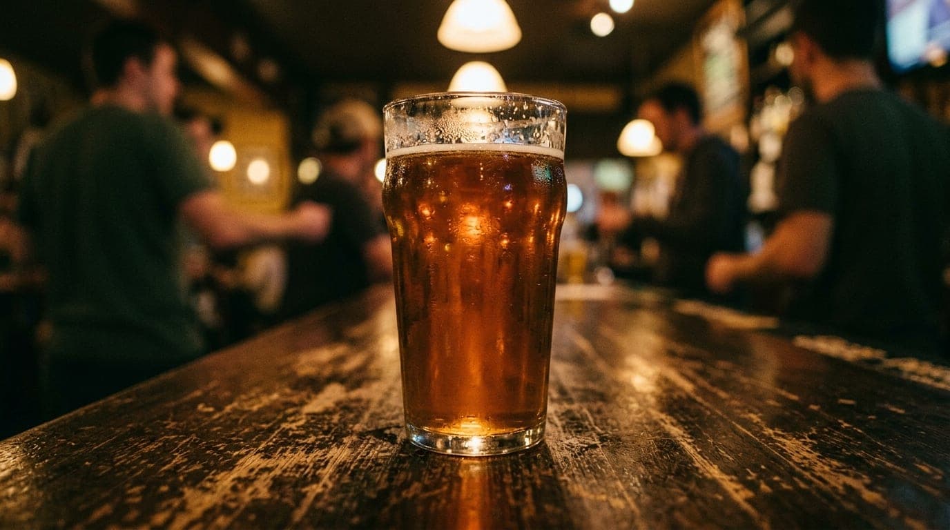 Low-angle 100mm macro shot of a single amber-colored craft beer glass resting on a scarred, dark-stained wooden bar at Bea...
