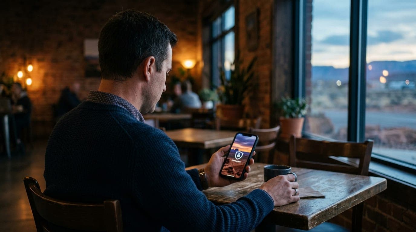 Over-the-shoulder view of a man scrolling a smartphone in a dim, quiet cafe. The screen shows a blurred, locked private ga...