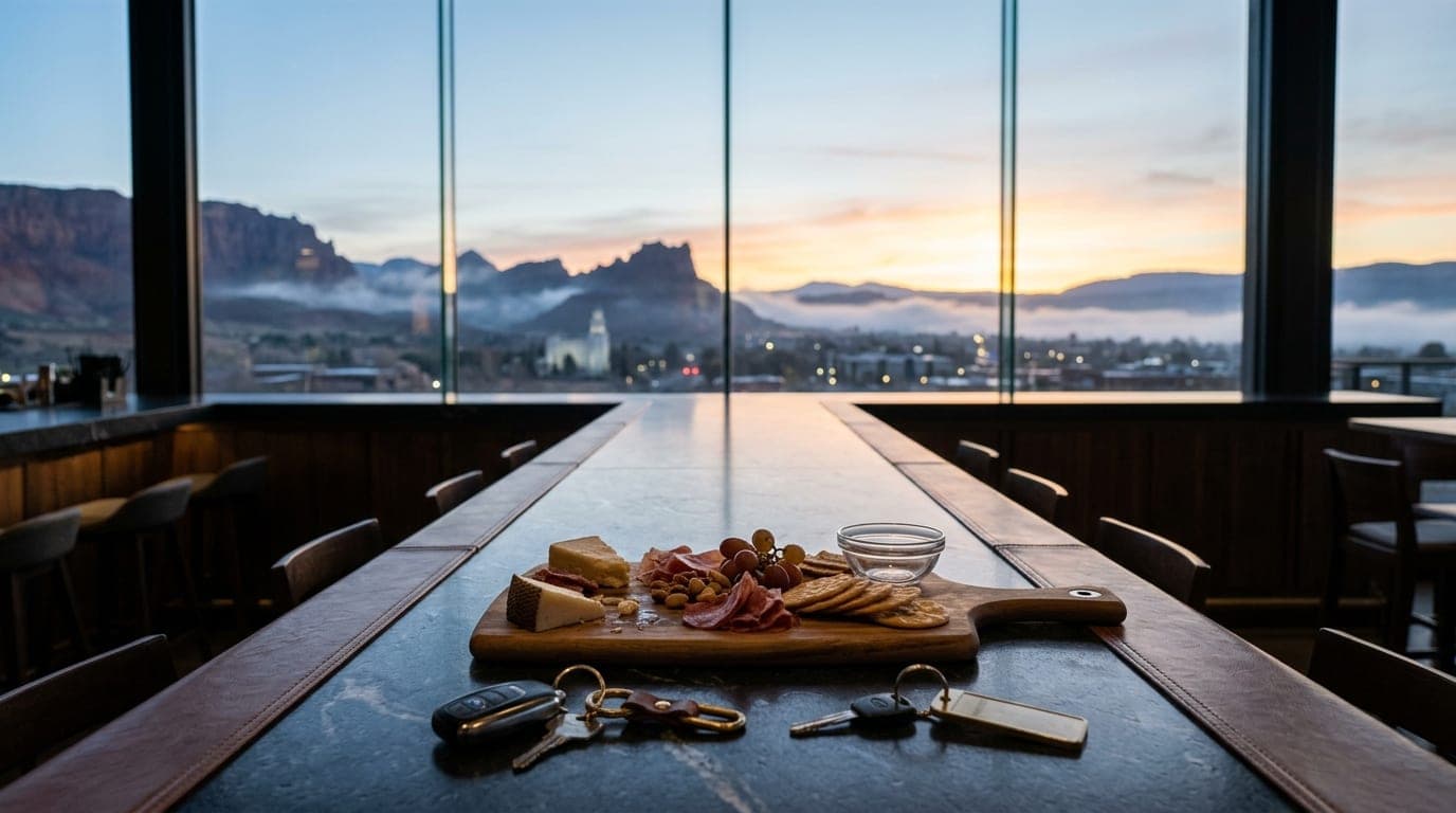 Low-angle hero shot, 24mm wide-angle, centered symmetric composition. Two sets of keys and a half-eaten charcuterie board...