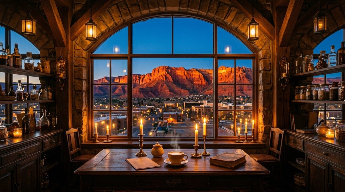 A medium shot of an ornate coffee shop interior at dusk, centered symmetrically. Warm candlelight illuminates a vintage wo...
