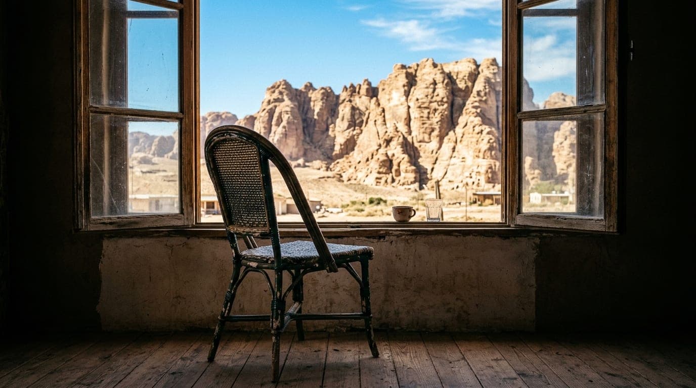 A close-up of a weathered, vintage bistro chair positioned near a window, showcasing the dramatic, jagged silhouette of th...