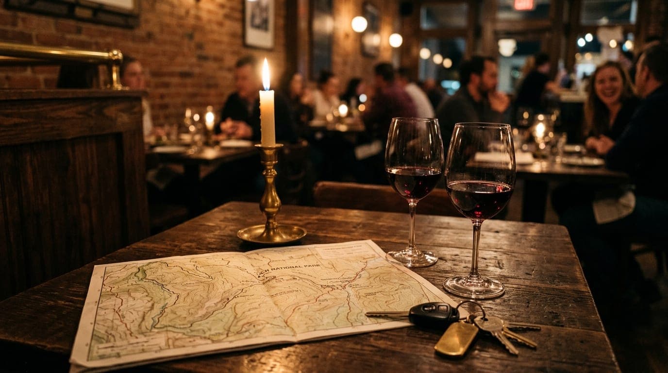 A candlelit table in a cozy St. George bistro. A topographic map of Zion National Park lies open beside two half-finished...