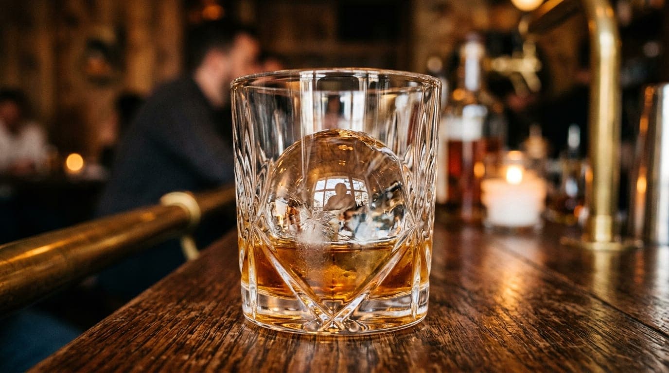A close-up, 100mm macro shot of a single crystal glass of rye whiskey resting on a polished wood bar at Wood. Ash. Rye. Su...