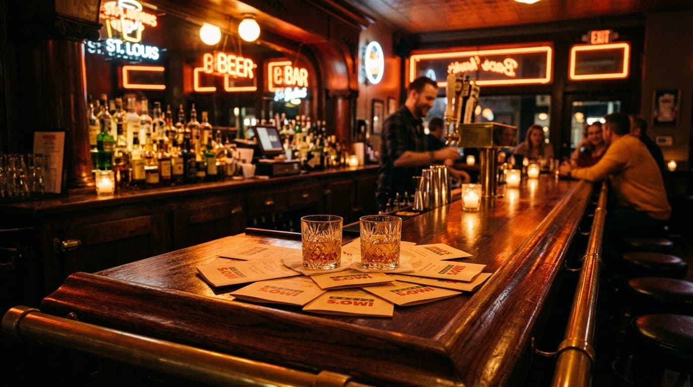 A wide, symmetrical shot of a mahogany bar in South City. Two crystal tumblers sit atop a scattered pile of Imo’s pizza me...