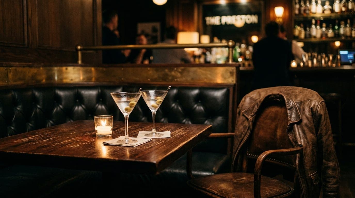 A medium shot of a dimly lit booth at The Preston, featuring two half-empty martini glasses resting on a dark wood table....