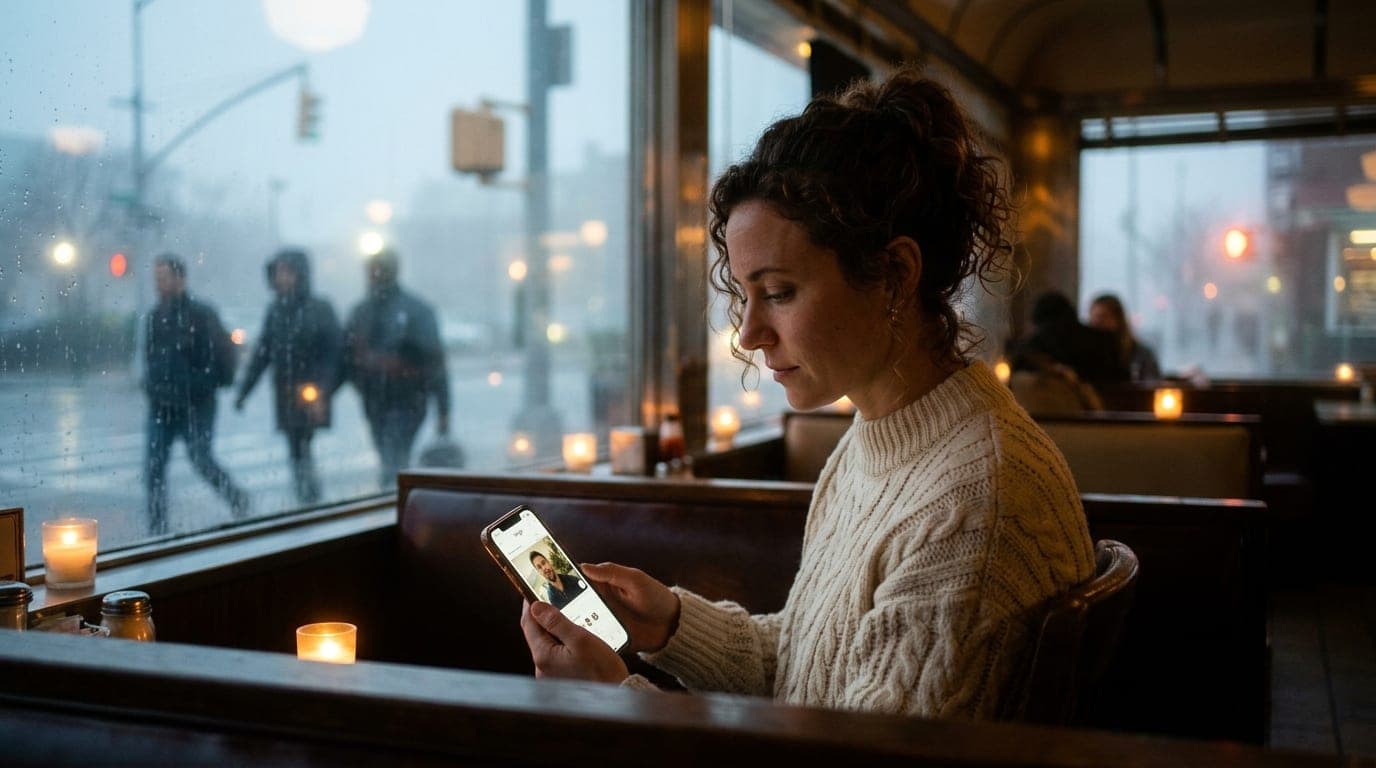A woman in a cream cable-knit sweater sits in a dimly lit, candle-lit booth at a neighborhood diner, holding a phone showi...