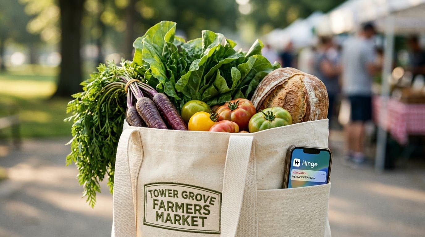 A close-up, 100mm macro shot captures a vibrant, canvas tote bag overflowing with fresh Tower Grove Farmers Market produce...