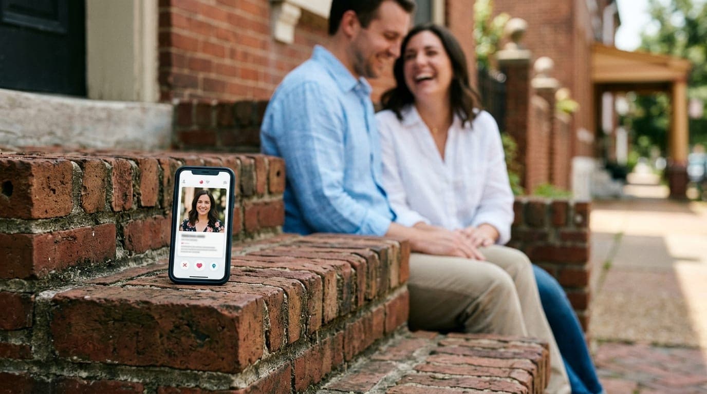 A close-up shot of a smartphone displaying a dating app profile resting on a Soulard brick stoop. A couple wearing linen s...