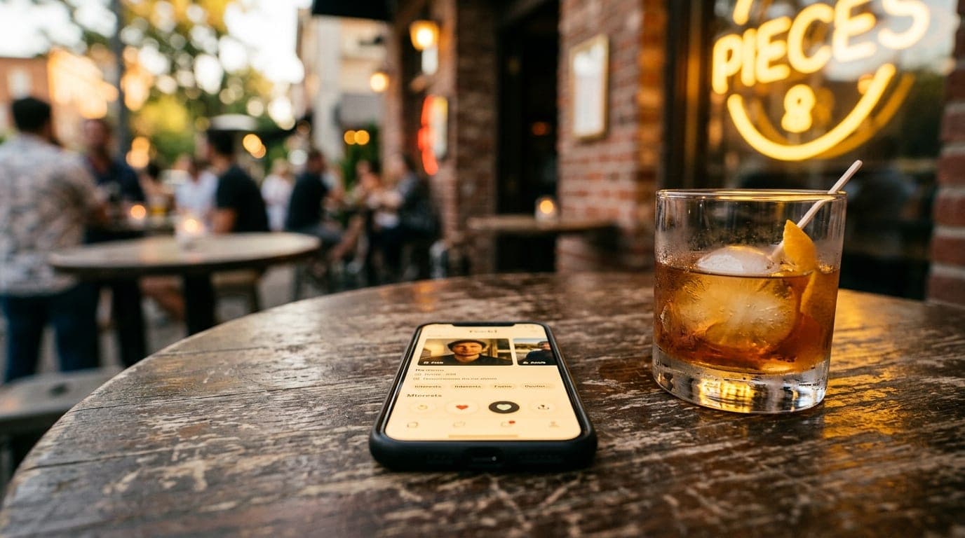 A macro shot of a sleek smartphone screen displaying a Feeld profile, resting on a weathered bistro table at Pieces. Golde...