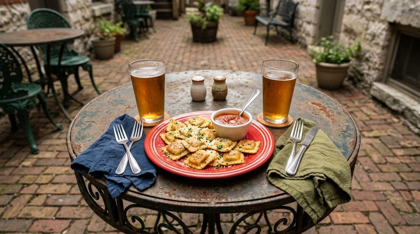A 24mm wide-angle shot from overhead captures a vibrant red toasted ravioli plate and two sweating local craft beers on a...