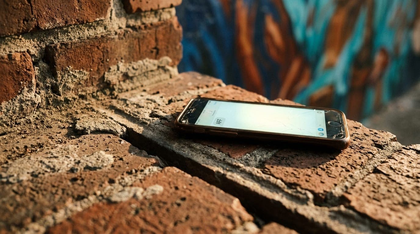 A smartphone screen glowing with an AFF message rests on a weathered brick ledge in front of a colorful DTSP mural. Golden...