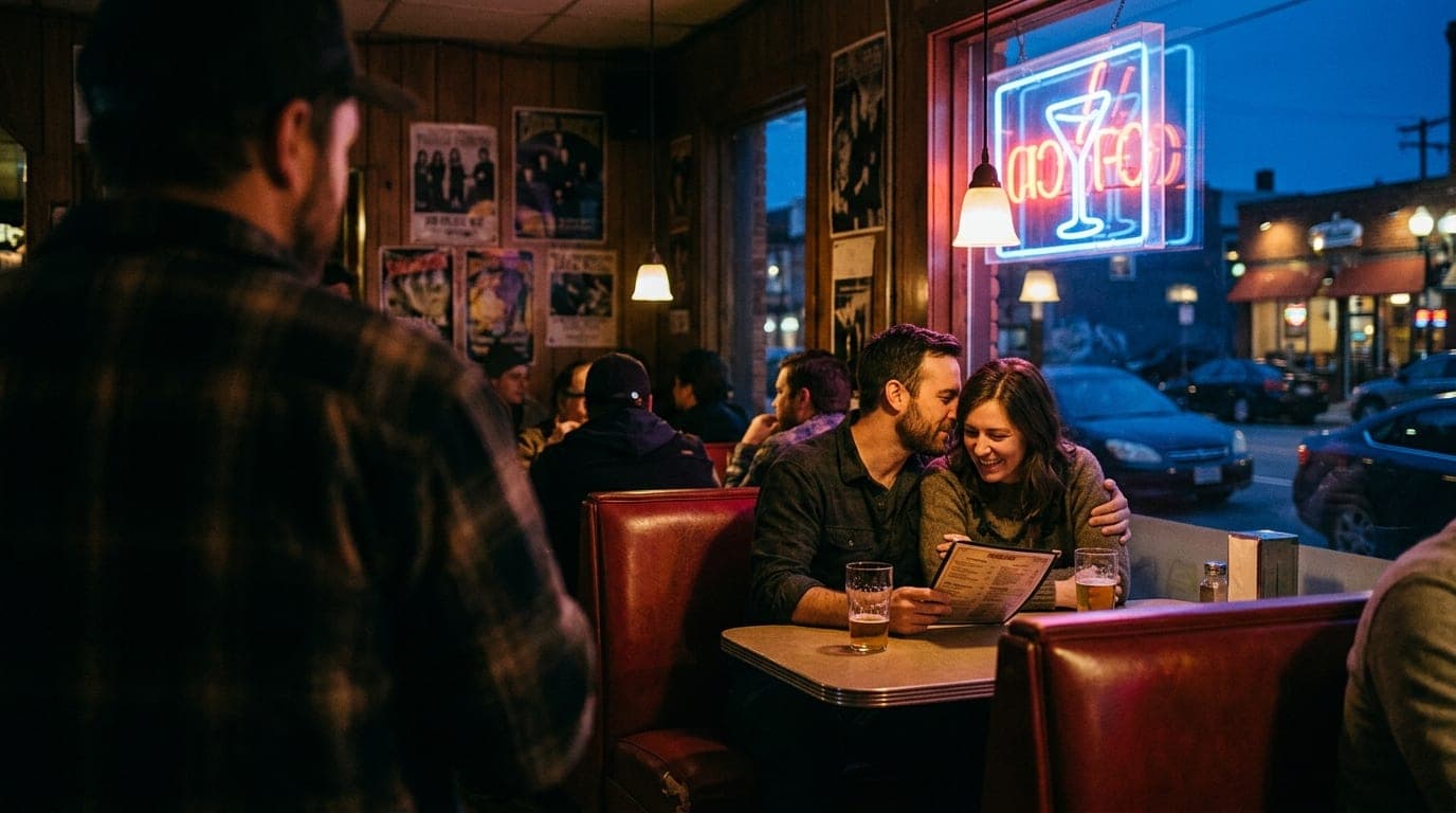 An over-the-shoulder 35mm shot at blue hour, showing a couple sitting in a dim vinyl booth at a dive bar. The subject is o...