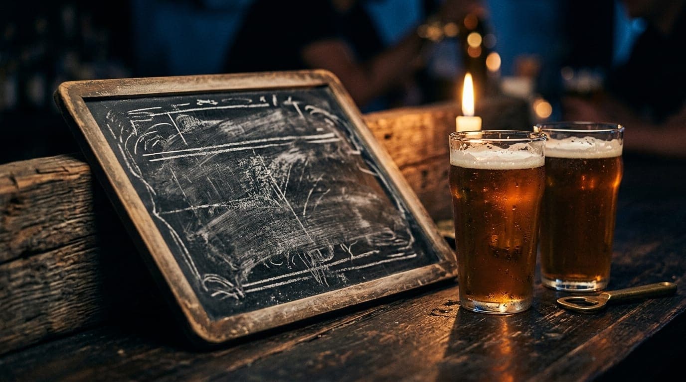 Low-angle macro shot of a chalkboard menu on a rustic bar top, listing a specific 4th Street taco truck next to two sweati...