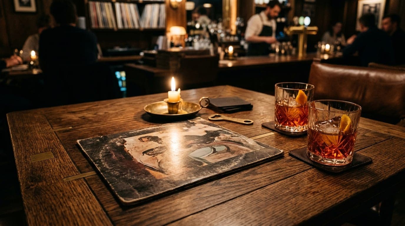 Overhead flat-lay of a textured wooden table at a listening bar. A vintage vinyl record sleeve rests beside two half-poure...