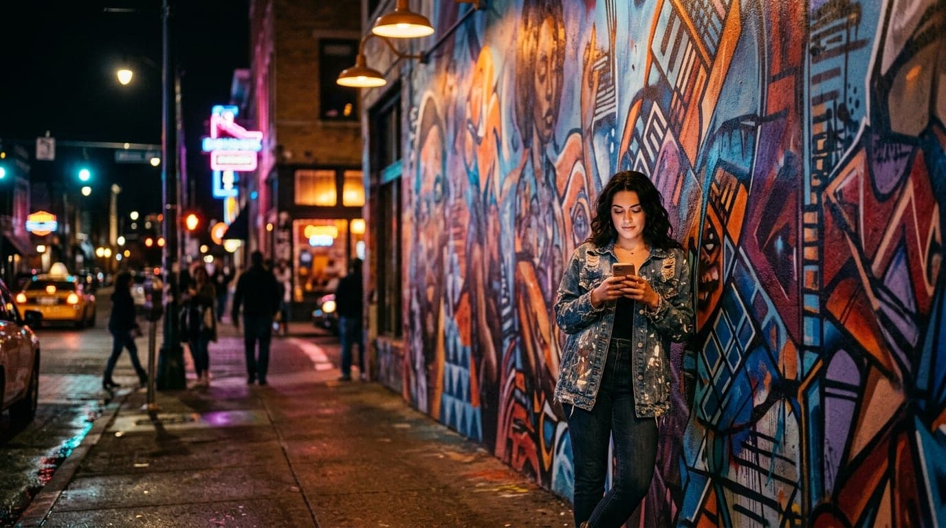 A woman in a paint-splattered denim jacket stands against an iconic Edge District mural at night. She holds a smartphone,...